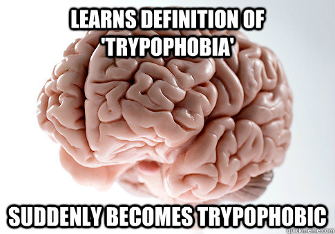 learns definition of 'trypophobia' suddenly becomes trypophobic  Scumbag Brain