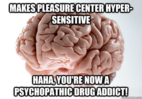 Makes pleasure center hyper-sensitive HaHa, you're now a psychopathic drug addict!  Scumbag Brain