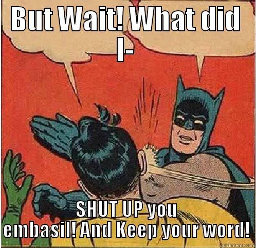 BUT WAIT! WHAT DID I- SHUT UP YOU EMBASIL! AND KEEP YOUR WORD! Batman Slapping Robin