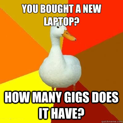 You bought a new laptop? how many gigs does it have?  Tech Impaired Duck