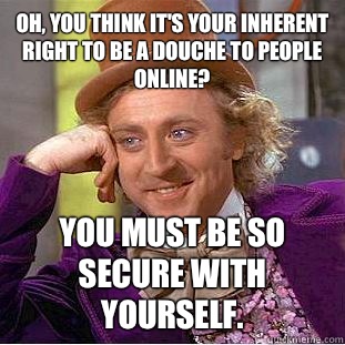 Oh, you think it's your inherent right to be a douche to people online? You must be SO secure with yourself. - Oh, you think it's your inherent right to be a douche to people online? You must be SO secure with yourself.  Condescending Wonka