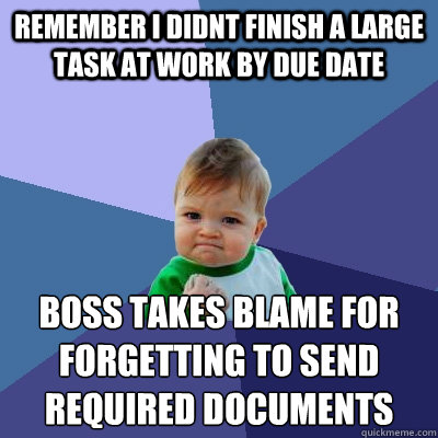 Remember I didnt finish a large task at work by due date boss takes blame for forgetting to send required documents  - Remember I didnt finish a large task at work by due date boss takes blame for forgetting to send required documents   Success Kid