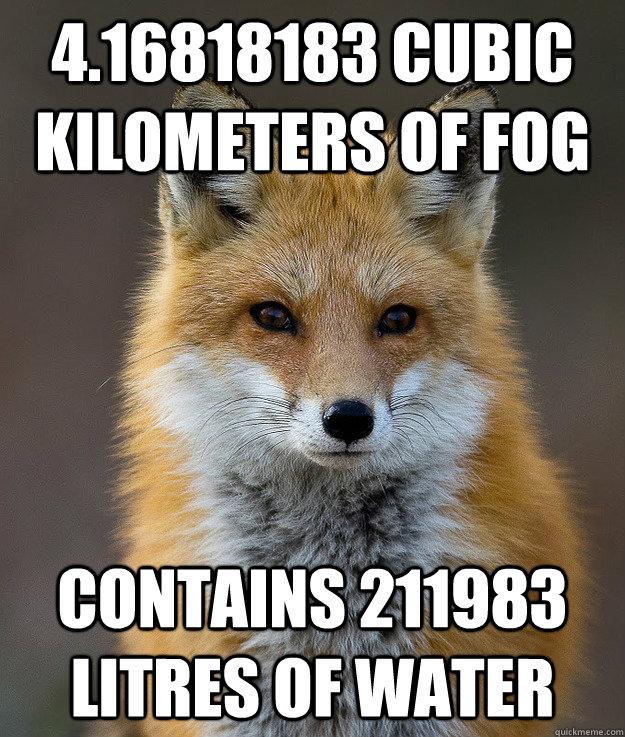 4.16818183 cubic kilometers of fog  contains 211983 litres of water - 4.16818183 cubic kilometers of fog  contains 211983 litres of water  Fun Fact Fox