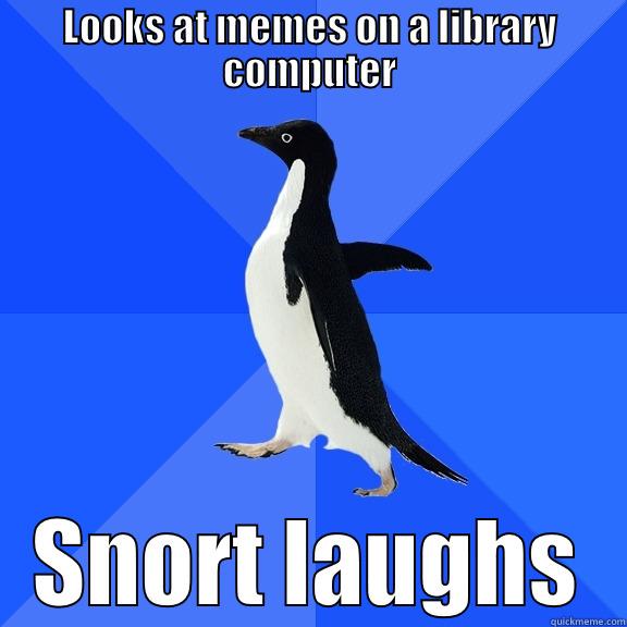 LOOKS AT MEMES ON A LIBRARY COMPUTER SNORT LAUGHS Socially Awkward Penguin