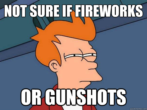 not sure if fireworks or gunshots  Futurama Fry