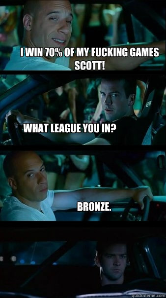 I win 70% of my fucking games Scott! What league you in? Bronze.  Fast and Furious