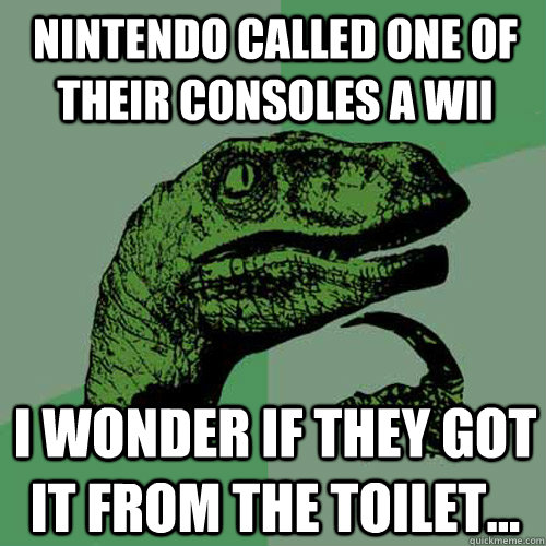 Nintendo called one of their consoles a Wii i wonder if they got it from the toilet...  Philosoraptor