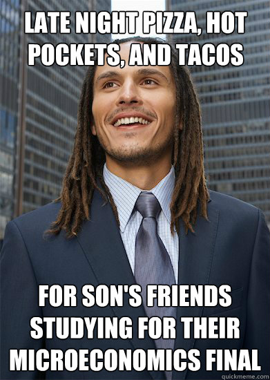 Late night pizza, hot pockets, and tacos for son's friends studying for their Microeconomics final - Late night pizza, hot pockets, and tacos for son's friends studying for their Microeconomics final  Successful Pothead