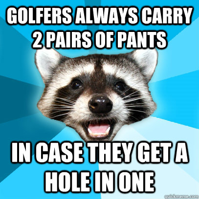 GOLFERS ALWAYS CARRY 2 PAIRS OF PANTS IN CASE THEY GET A HOLE IN ONE  Lame Pun Coon