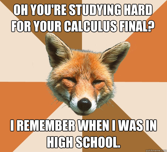 Oh you're studying hard for your calculus final? I remember when i was in high school.  Condescending Fox