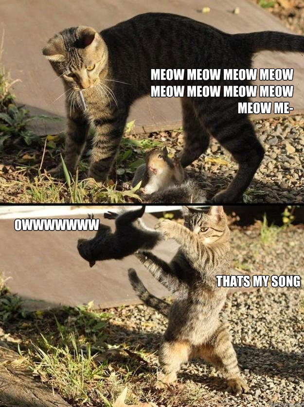 Meow meow meow meow meow meow meow meow meow me- Thats my song owwwwwwwwwww - Meow meow meow meow meow meow meow meow meow me- Thats my song owwwwwwwwwww  Annoying Squirrel