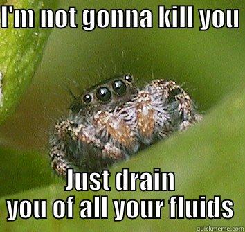 I'm not gonna kill you Just drain you of all your fluids - I'M NOT GONNA KILL YOU  JUST DRAIN YOU OF ALL YOUR FLUIDS Misunderstood Spider