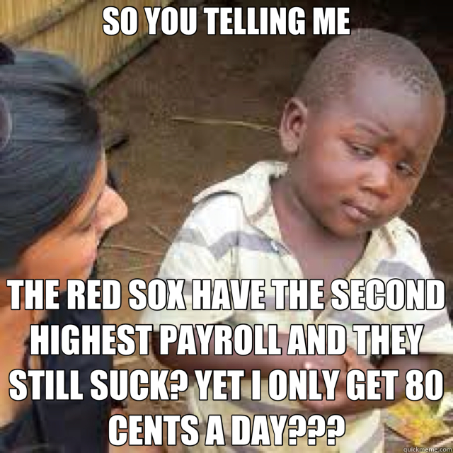 SO YOU TELLING ME THE RED SOX HAVE THE SECOND HIGHEST PAYROLL AND THEY STILL SUCK? YET I ONLY GET 80 CENTS A DAY??? - SO YOU TELLING ME THE RED SOX HAVE THE SECOND HIGHEST PAYROLL AND THEY STILL SUCK? YET I ONLY GET 80 CENTS A DAY???  Yankees rule Red Sox suck!