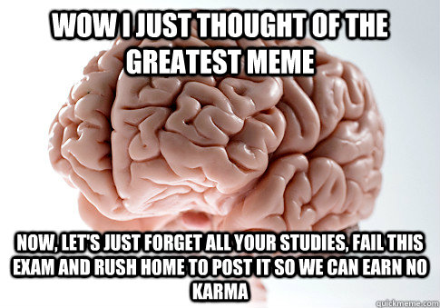 wow i just thought of the greatest meme now, let's just forget all your studies, fail this exam and rush home to post it so we can earn no karma  Scumbag Brain