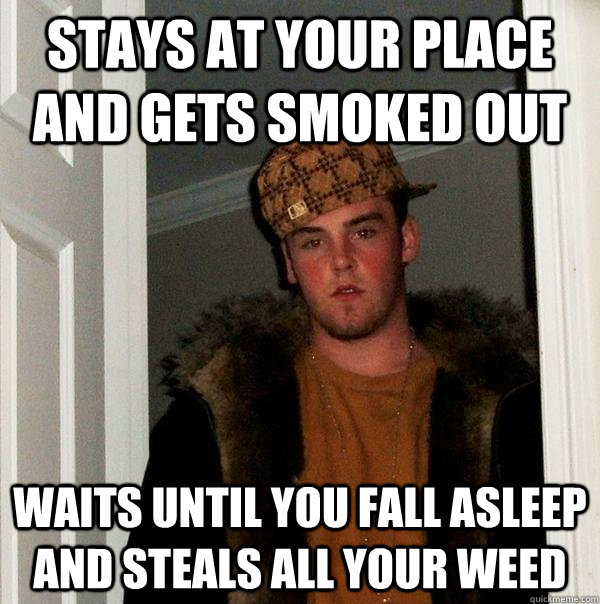 Stays at your place and gets smoked out Waits until you fall asleep and steals all your weed - Stays at your place and gets smoked out Waits until you fall asleep and steals all your weed  Scumbag Steve