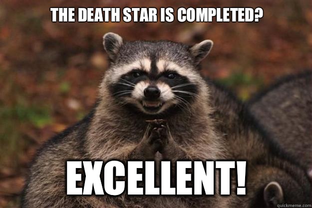 The Death star is completed? Excellent!  Evil Plotting Raccoon