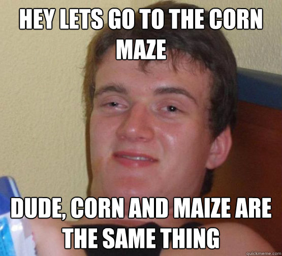 Hey lets go to the corn maze dude, corn and maize are the same thing  