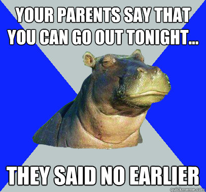 Your parents say that you can go out tonight... They said no earlier  Skeptical Hippo