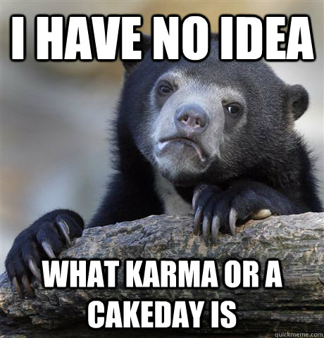 I have no idea  what karma or a cakeday is  Confession Bear