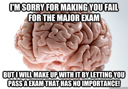 I'm sorry for making you fail for the major exam But I will make up with it by letting you pass a exam that has no importance!  Scumbag Brain