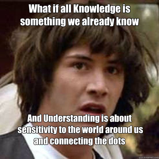 What if all Knowledge is 
something we already know And Understanding is about
 sensitivity to the world around us 
and connecting the dots - What if all Knowledge is 
something we already know And Understanding is about
 sensitivity to the world around us 
and connecting the dots  Conspiracy Keanu Snow