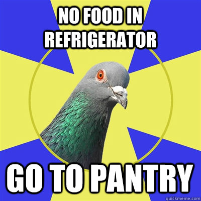 no food in refrigerator  Go to pantry - no food in refrigerator  Go to pantry  Religion Pigeon