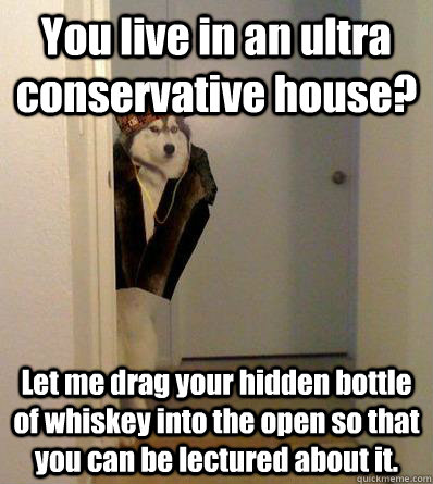 You live in an ultra conservative house? Let me drag your hidden bottle of whiskey into the open so that you can be lectured about it.  Scumbag dog