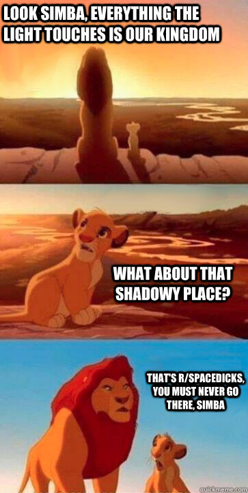 look simba, everything the light touches is our kingdom what about that shadowy place? that's r/spacedicks, you must never go there, simba  SIMBA