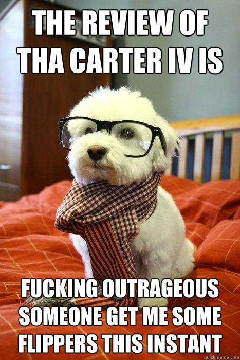 THE REVIEW OF THA CARTER IV IS  FUCKING OUTRAGEOUS SOMEONE GET ME SOME FLIPPERS THIS INSTANT  Hipster Dog