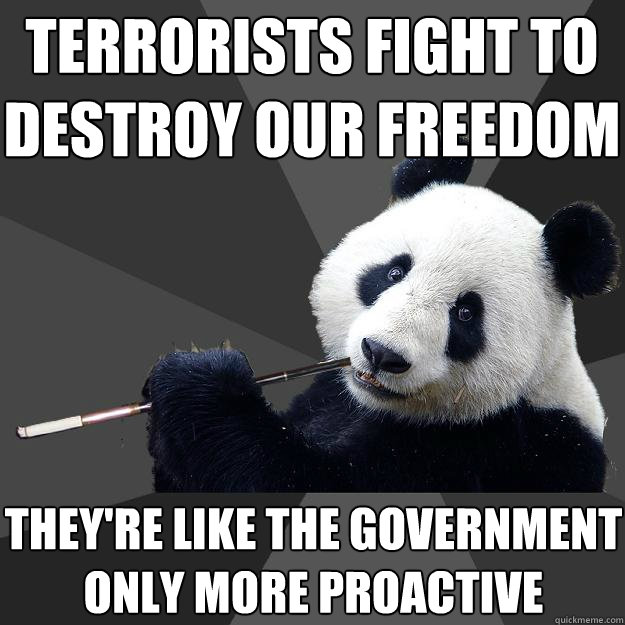 Terrorists fight to destroy our freedom they're like the government only more proactive  Propapanda