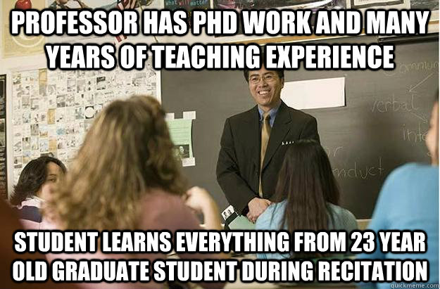 Professor has PHD work and many years of teaching experience Student learns everything from 23 year old graduate student During recitation  Poor English Asian Professor