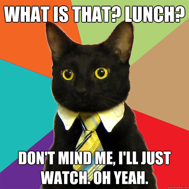 What is that? Lunch? don't mind me, i'll just watch. oh yeah.  - What is that? Lunch? don't mind me, i'll just watch. oh yeah.   Business Cat