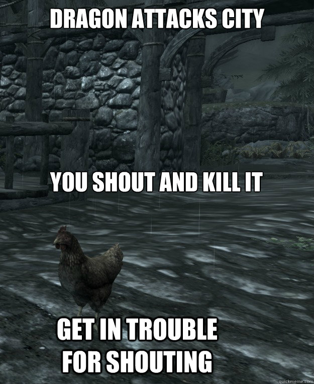 Dragon attacks city

 you shout and kill it get in trouble for shouting  Skyrim Logic