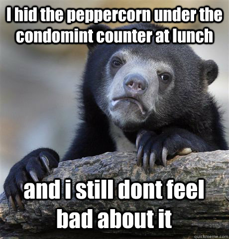 I hid the peppercorn under the condomint counter at lunch and i still dont feel bad about it - I hid the peppercorn under the condomint counter at lunch and i still dont feel bad about it  Confession Bear