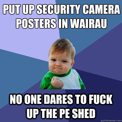 Put up security camera posters in Wairau No one dares to fuck up the pe shed  Success Kid