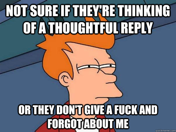 Not sure if they're thinking of a thoughtful reply or they don't give a fuck and forgot about me - Not sure if they're thinking of a thoughtful reply or they don't give a fuck and forgot about me  Futurama Fry