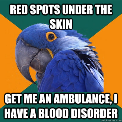 Red spots under the skin Get me an ambulance, I have a blood disorder  - Red spots under the skin Get me an ambulance, I have a blood disorder   Paranoid Parrot