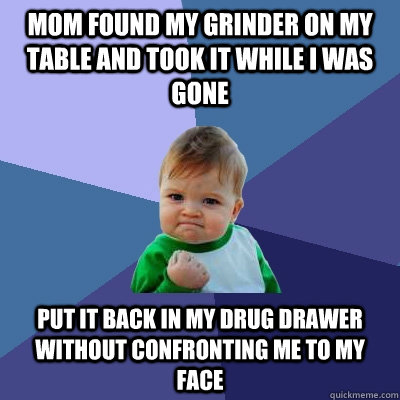 Mom found my grinder on my table and took it while I was gone Put it back in my drug drawer without confronting me to my face - Mom found my grinder on my table and took it while I was gone Put it back in my drug drawer without confronting me to my face  Success Kid