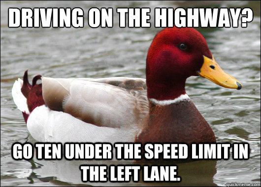 Driving on the highway?
 Go ten under the speed limit in the left lane. - Driving on the highway?
 Go ten under the speed limit in the left lane.  Malicious Advice Mallard