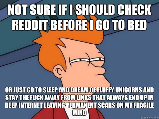 Not sure if I should check reddit before I go to bed Or just go to sleep and dream of fluffy unicorns and stay the fuck away from links that always end up in deep internet leaving permanent scars on my fragile mind  Futurama Fry