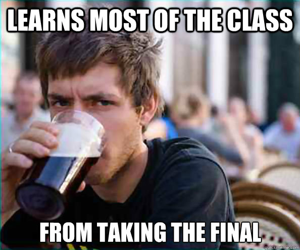 Learns most of the class from taking the final  