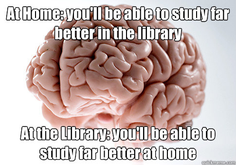 At Home: you'll be able to study far better in the library
 At the Library: you'll be able to study far better at home
   Scumbag Brain