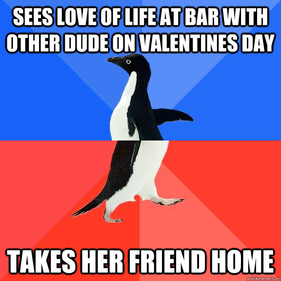 Sees love of life at bar with other dude on valentines day Takes her friend home  Socially Awkward Awesome Penguin