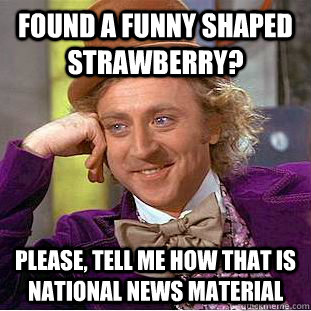 Found a funny shaped strawberry? Please, tell me how that is national news material  Condescending Wonka