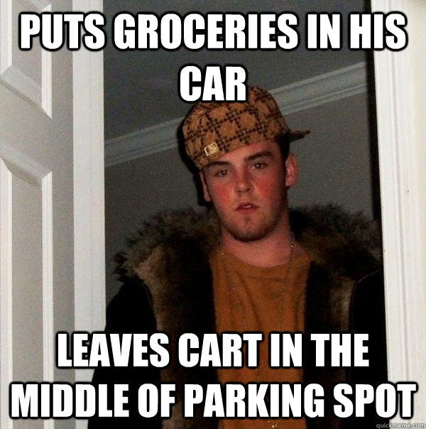 Puts groceries in his car Leaves cart in the middle of parking spot  Scumbag Steve