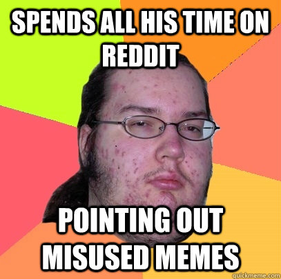 spends all his time on reddit pointing out misused memes - spends all his time on reddit pointing out misused memes  Butthurt Dweller