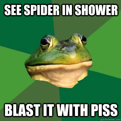 see spider in shower blast it with piss  Foul Bachelor Frog