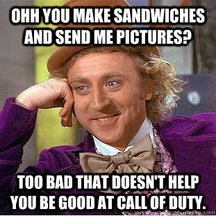 Ohh you make sandwiches and send me pictures? Too bad that doesn't help you be good at call of duty.  Condescending Wonka