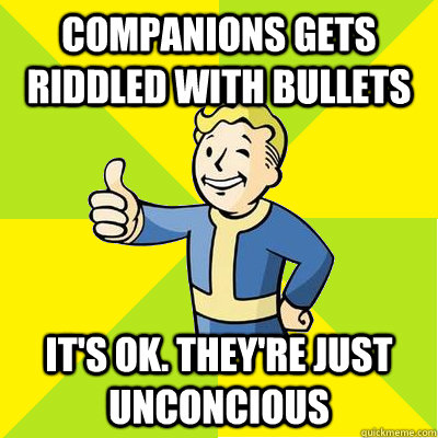 COMPANIONS GETS RIDDLED WITH BULLETS IT'S OK. tHEY'RE JUST UNCONCIOUS  Fallout new vegas