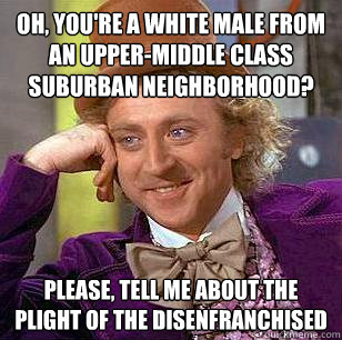 oh, you're a white male from an upper-middle class suburban neighborhood?  please, tell me about the plight of the disenfranchised   Condescending Wonka